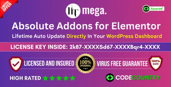 HT Mega Absolute Addons for Elementor Pro With Original License Key For Lifetime Auto Update.